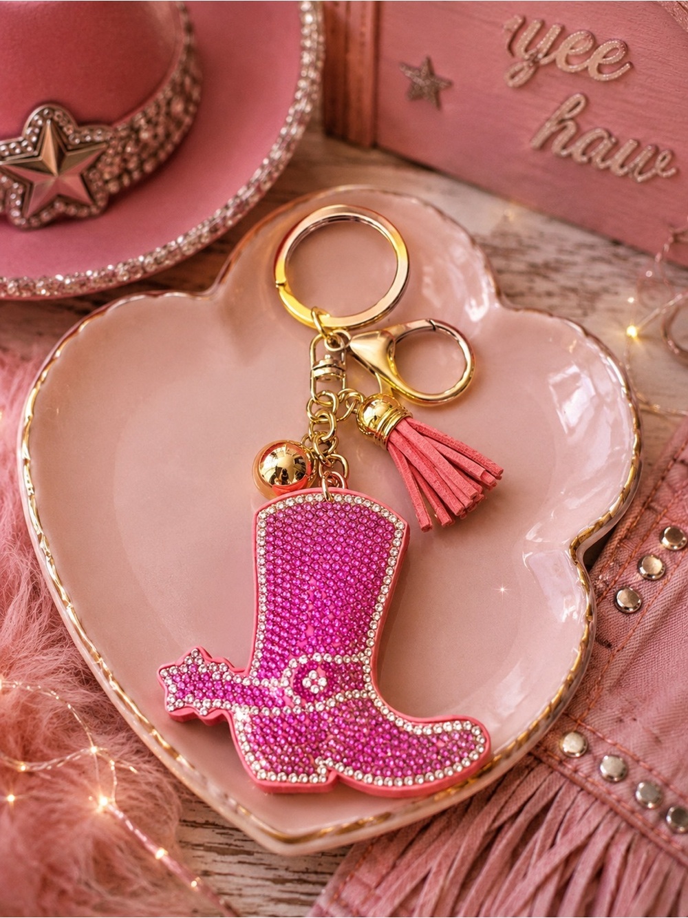 💖 Pink Rhinestone Cowboy Boot Keychain with Tassel